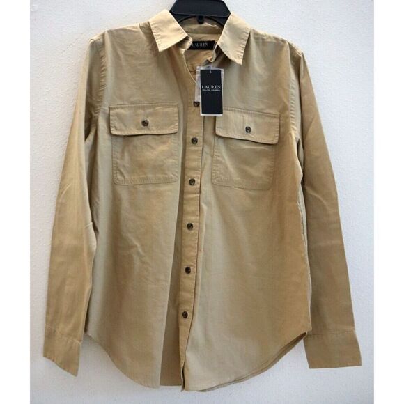 Lauren Ralph Lauren Women Sz M Tan Leather Patch Featherweight Twill Shirt - Picture 1 of 12